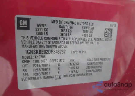 2013 Chevrolet Tahoe Lt z USA, uszkodzony, nr VIN 1GNSKBE02DR343232